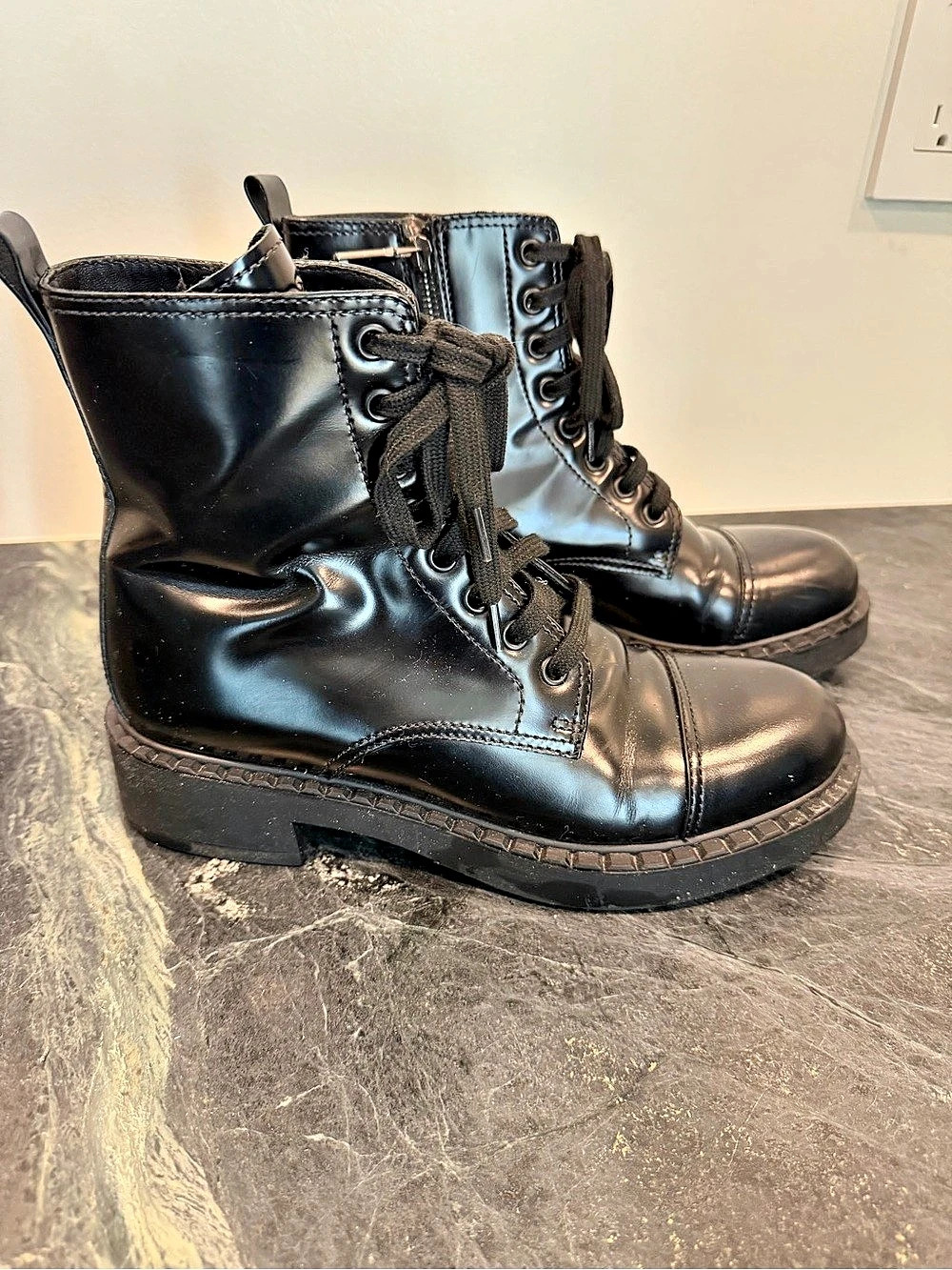 Prada Monolith Brushed Leather Lace-Up Boots Black EU 38